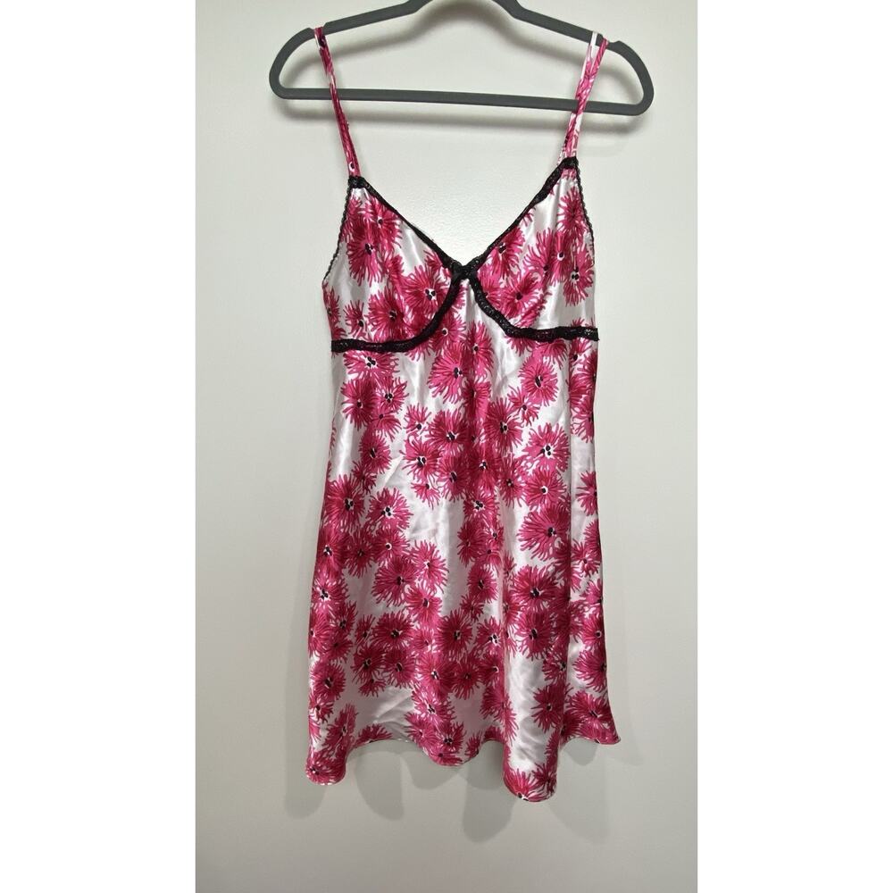 Gillian And O’Malley Floral Pink Satin Nightgown Black Lace Details Sz Large